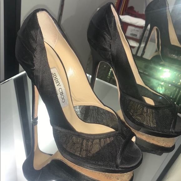 Jimmy Choo Gloss Lace Satin Heels in Black